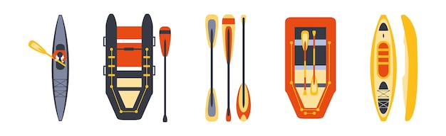 Actividad de balsa y kayak con conjunto vectorial de barco y remo