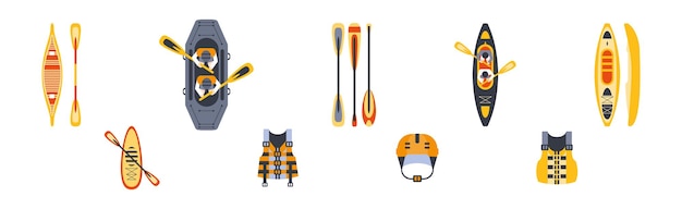 Actividad de balsa y kayak con conjunto vectorial de barco y remo