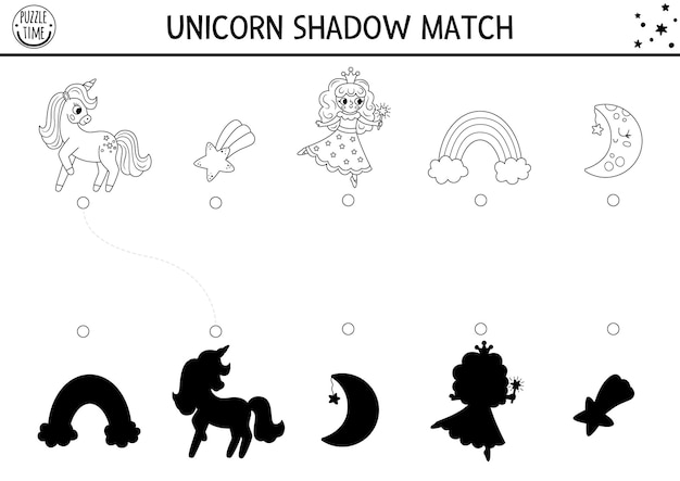 Actividad de coincidencia de sombras de unicornio negro y blanco con la estrella caída del arco iris del hada rompecabezas del mundo mágico Encuentra la silueta correcta juego de hoja de trabajo imprimible página de colorear cuento de hadas para niñosxA