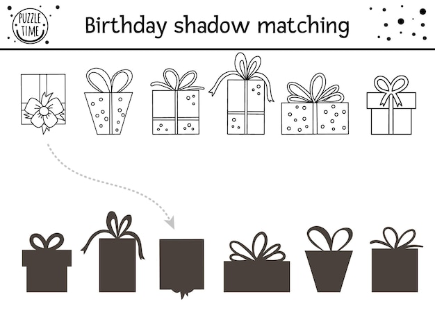 Actividad de combinación de sombras en blanco y negro de cumpleaños para niños. Rompecabezas de esquema divertido con lindas cajas de regalo. Juego educativo de celebración de línea navideña para niños con regalos. Encuentra la silueta correcta