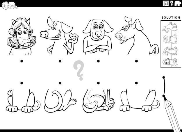 Actividad de combinar mitades con personajes de perros de dibujos animados para colorear página