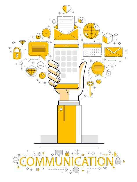 Actividad y comunicación en Internet, manos de hombre sosteniendo teléfonos y usando aplicaciones, red global, comunicación moderna, mensajería, pagos y compras en línea, diseño vectorial.