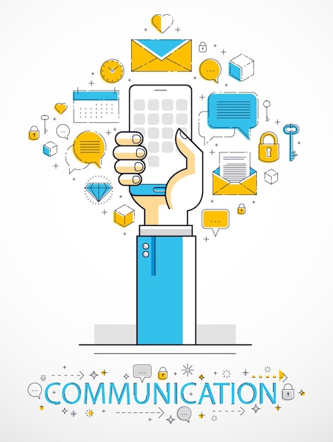 Actividad y comunicación en Internet, manos de hombre sosteniendo teléfonos y usando aplicaciones, red global, comunicación moderna, mensajería, pagos y compras en línea, diseño vectorial.