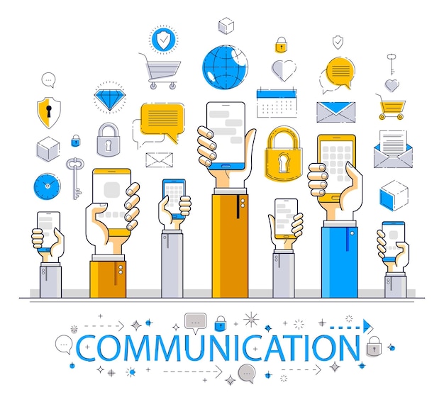 Actividad y comunicación en Internet, manos de personas sosteniendo teléfonos y usando aplicaciones, red global, comunicación moderna, concepto de mensajería o redes sociales, diseño vectorial.