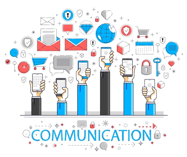 Vector actividad y comunicación en internet, manos de personas sosteniendo teléfonos y usando aplicaciones, red global, comunicación moderna, concepto de mensajería o redes sociales, diseño vectorial.