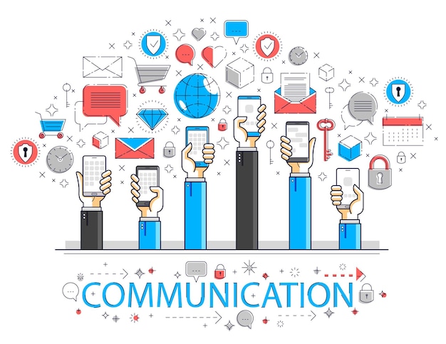Actividad y comunicación en Internet, manos de personas sosteniendo teléfonos y usando aplicaciones, red global, comunicación moderna, concepto de mensajería o redes sociales, diseño vectorial.