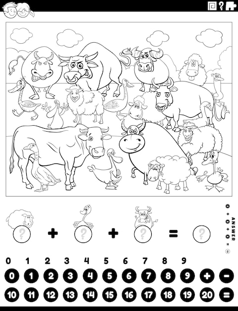 Actividad de contar y sumar con animales de granja página de colorear
