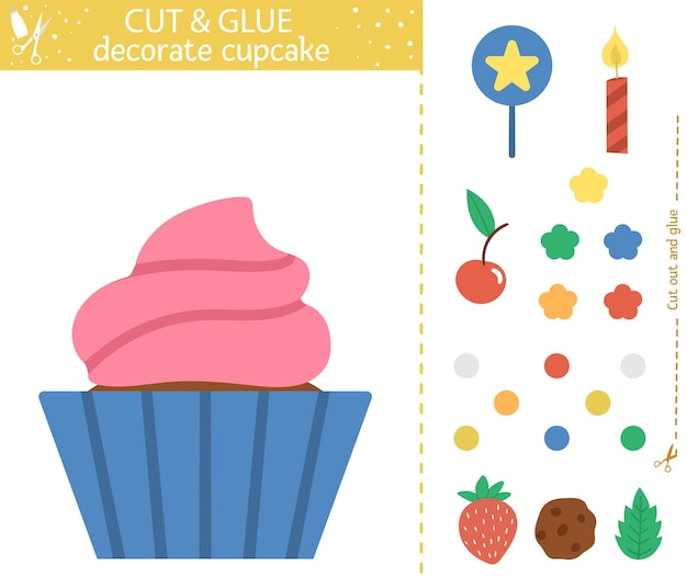 Actividad de corte y pegamento de fiesta de cumpleaños de vector. juego de manualidades educativo navideño con lindos postres y decoraciones. actividad divertida para niños. ilustración de barra de caramelo. decorar cupcake