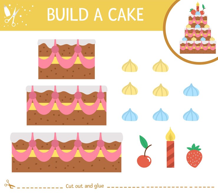 Vector actividad de corte y pegamento de fiesta de cumpleaños de vector. juego de manualidades educativo navideño con lindos postres, velas y decoraciones. actividad divertida para niños. ilustración de barra de caramelo. construye pastel de cumpleaños