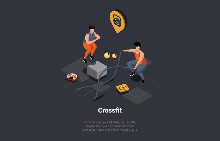 Vector actividad deportiva crossfit y entrenamiento con pesas ejercicios personajes que participan en deportes haciendo ejercicios en el gimnasio entrenamiento físico en grupo con cuerdas de batalla ilustración vectorial de dibujos animados 3d isométrica