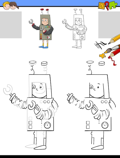 Actividad de dibujo y coloración de dibujos animados para niños con niño disfrazado de robot
