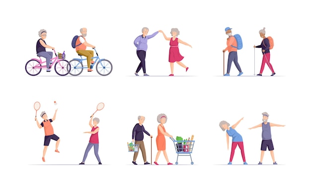 Vector actividad diversa de personas mayores feliz anciano y mujer saludable estilo de vida activo jubilado para grandp