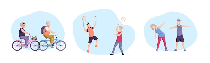 Vector actividad diversa de personas mayores feliz anciano y mujer saludable estilo de vida activo jubilado para grandp