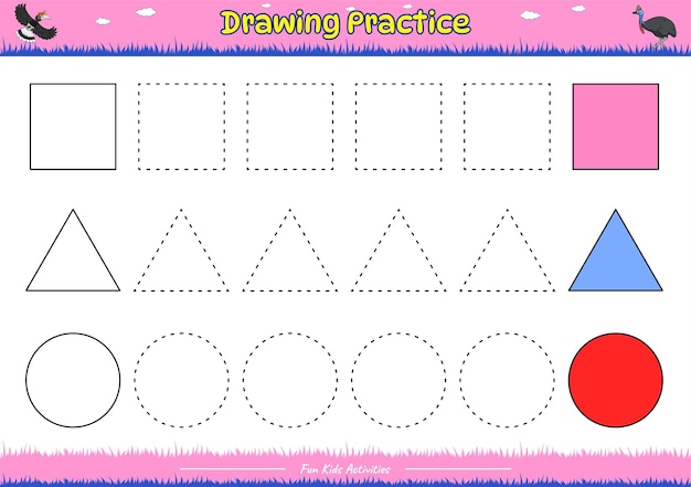 Actividad divertida de práctica de dibujo, círculo cuadrado y triángulo.