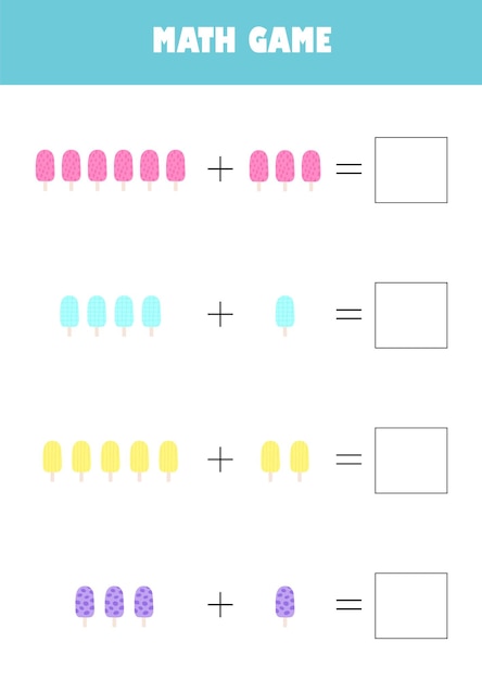 Actividad de educación preescolar juego de matemáticas ilustración vectorial hoja de cálculo de adición para niños