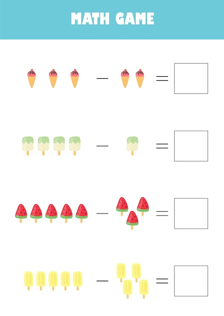 Actividad de educación preescolar juego de matemáticas ilustración vectorial hoja de trabajo de cálculo de resta para niño