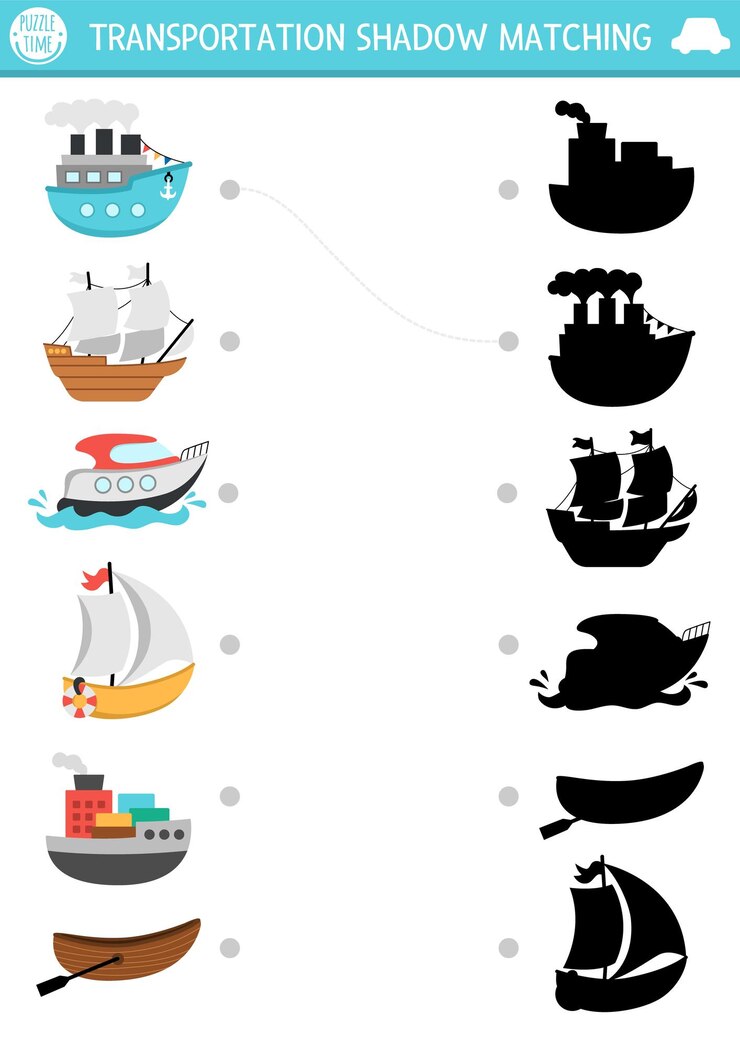 Vector actividad de emparejamiento de sombras de transporte puzzle de transporte acuático con lindo barco yate barco lancha rápida encuentra la silueta correcta hoja de trabajo o juego imprimible página divertida para niñosxa