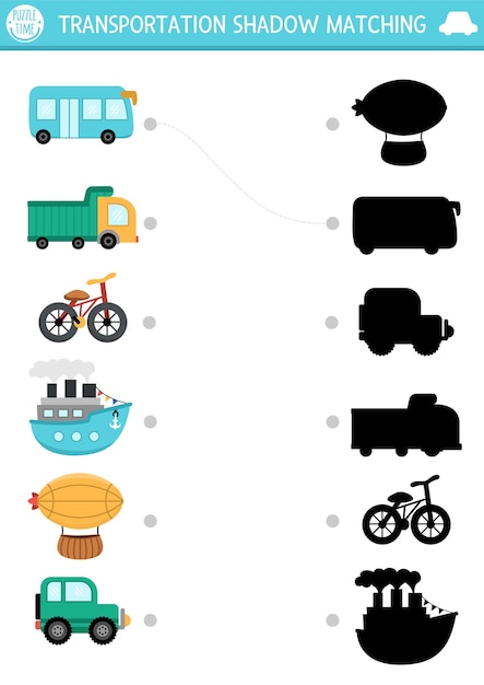 Actividad de emparejamiento de sombras de transporte Rompecabezas de transporte con un coche lindo camión barco zeppelin autobús bicicleta Encuentra la silueta correcta hoja de trabajo o juego imprimible Página divertida para niñosxA