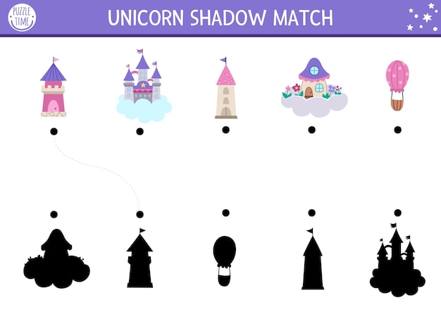 Actividad de emparejamiento de sombras de unicornio con castillo casa de hadas en torres de nubes rompecabezas del mundo mágico con edificios lindos Encuentra la silueta correcta juego de hoja de trabajo imprimible página de cuentos de hadas para niños