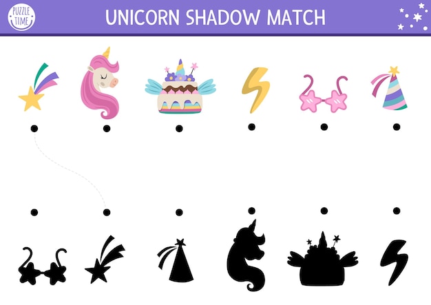 Actividad de emparejamiento de sombras de unicornio con pastel de arco iris gorra de cumpleaños estrella caída rompecabezas del mundo mágico con personajes lindos Encuentra la silueta correcta juego de hoja de trabajo imprimible página de cuentos de hadas para niñosxA