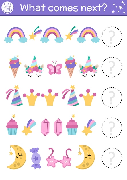 Actividad de emparejamiento de unicornios para niños en edad preescolar con símbolos tradicionales rompecabezas de mundo de fantasía divertidos hoja de trabajo lógica mágica Continúa el juego de filas con el arco iris starxA