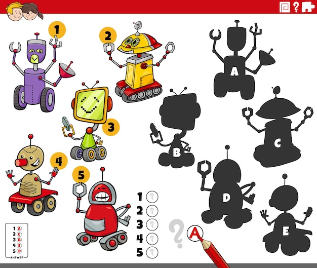 Actividad de encontrar sombras con personajes de robots de dibujos animados