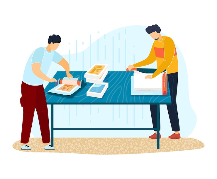 Vector actividad de impresión de trabajo de ingeniería de prensa de pintura de carácter masculino aislada en ilustración de vector plano blanco banner de diseño de publicidad de proyecto de concepto