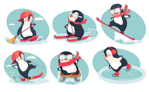 Actividad en invierno. Conjunto de ilustración de pingüino