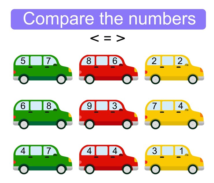 Vector actividad matemática para niños comparar los números rango de números hasta 10 ilustración vectorial