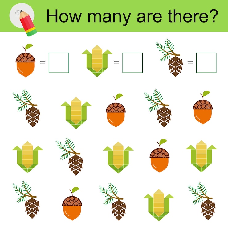 Vector actividad matemática para niños desarrollo de habilidades numéricas dibujos animados maíz piña conos bellota