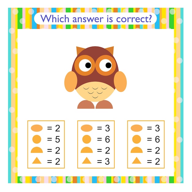 Actividad matemática para niños Necesitan encontrar la respuesta correcta Ilustración vectorial de búho de dibujos animados