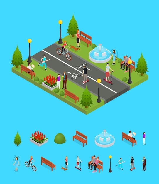 Actividad del parque en la ciudad y los elementos Parte Vector de vista isométrica