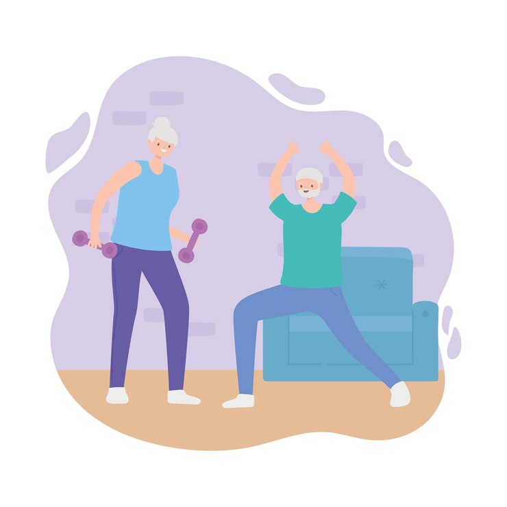Vector actividad personas mayores, anciana con mancuernas y anciano estirando en la habitación.