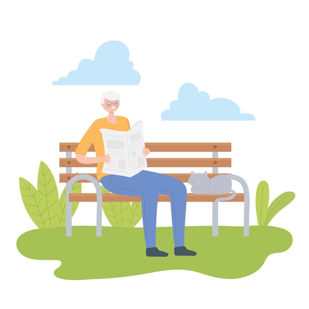 Actividad personas mayores, anciano leyendo el periódico en el banco del parque con ilustración de gato