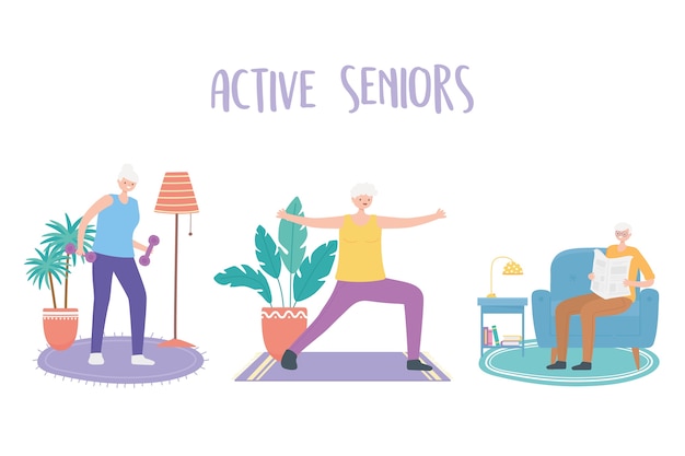 Vector actividad para personas mayores, ancianos y mujeres haciendo ejercicios de yoga y leyendo la ilustración del periódico