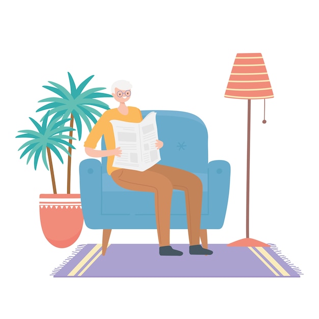 Actividad personas mayores, hombre maduro leyendo el periódico sentado en el sofá ilustración