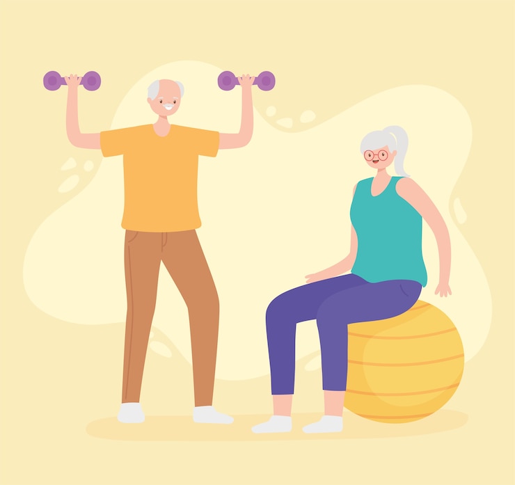 Vector actividad personas mayores, pareja de ancianos practicando ejercicios con pelota y mancuernas.
