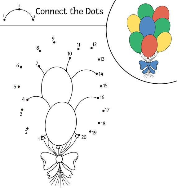 Actividad de punto a punto y color de cumpleaños vectorial con un lindo grupo de globos. La fiesta navideña conecta el juego de puntos para niños. Divertida página para colorear para niños con símbolo de aniversario tradicional.