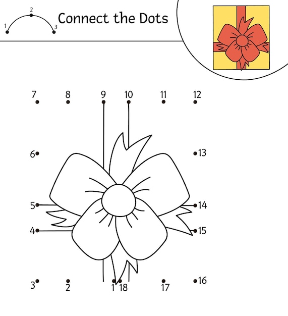 Actividad de punto a punto y color de cumpleaños vectorial con lindo regalo. la fiesta navideña conecta el juego de puntos para niños con caja de regalo y lazo. divertida página para colorear para niños con símbolo tradicional.