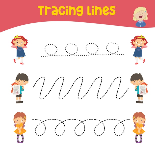 Actividad de rastreo de líneas para niños Hoja de trabajo de rastreo para niños Hoja de trabajo educativa imprimible Página de actividad imprimible para niños Archivo vectorial