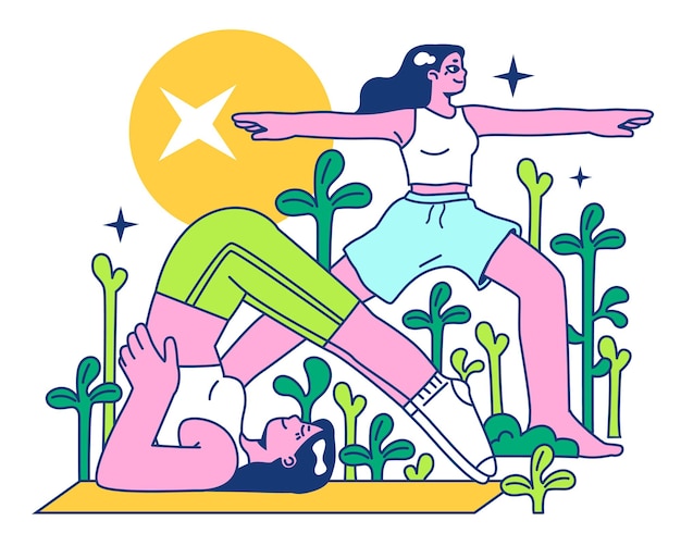 Vector actividad de retiro personaje femenino en ropa deportiva haciendo yoga o pilates terapia espiritual prácticas de atención plena y relajación ejercicio respiratorio ilustración vectorial plana