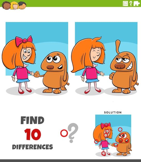 Actividad de rompecabezas de diferencias con chica de dibujos animados y cachorro