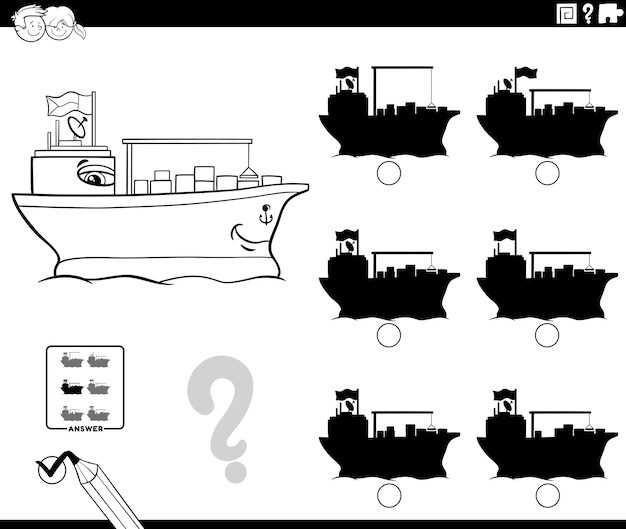 Actividad de sombra con barco de contenedores de dibujos animados página de colorear