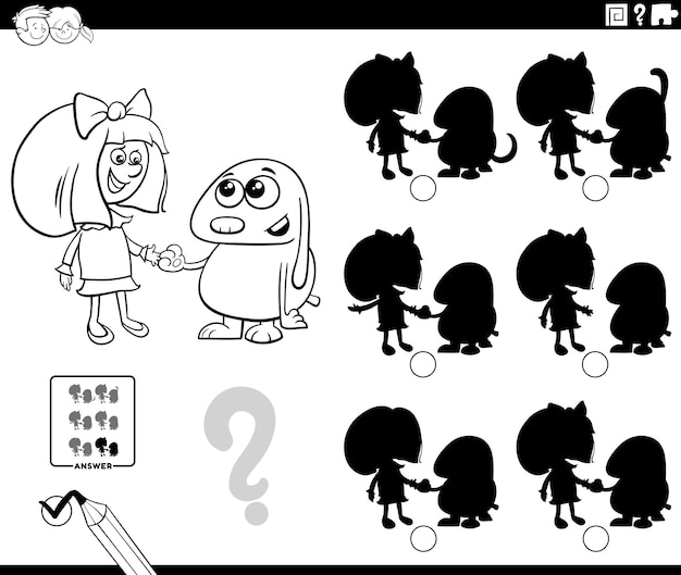 Actividad de sombra con chica de dibujos animados y su perro página de colorear
