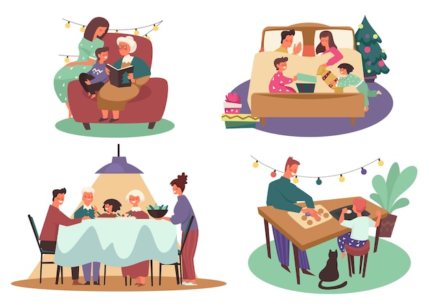 Actividad de vacaciones de invierno, celebración familiar de navidad, vector de iconos aislados. padres o abuelos e hijos, libro de lectura con abuela. intercambiar regalos, cenar y hornear galletas.