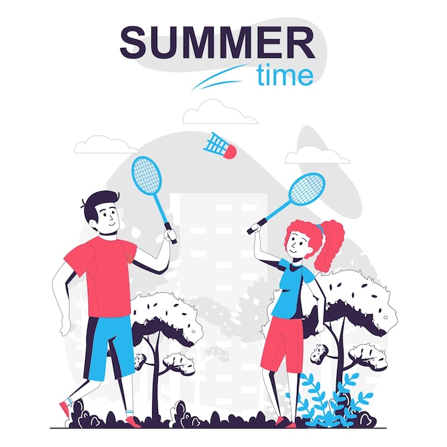 Actividad de verano aislado concepto de dibujos animados Hombre y mujer jugando al tenis en el parque de la ciudad