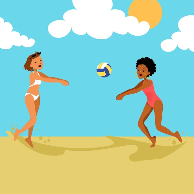 Actividad de verano. Mujeres jugando voleibol. Verano y vacaciones. Archivo plano vectorial.