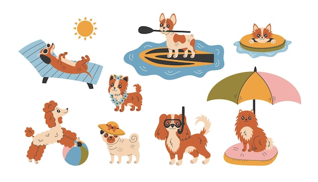Actividad de verano en la playa del perro Ilustración vectorial Set de dibujos animados cachorro animal natación buceo Baño de sol