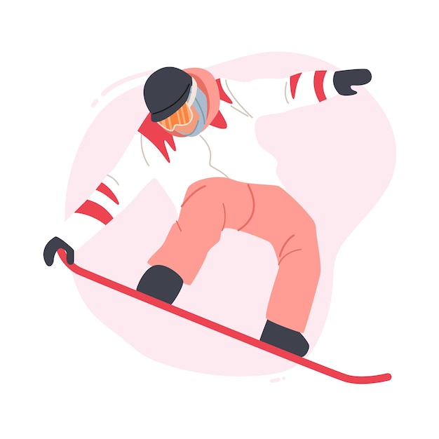 Actividad de viaje Entretenimiento Niña feliz Montar snowboard por pistas de nieve durante la temporada de invierno Vacaciones Deportista Divertirse en la estación de esquí Ir cuesta abajo Ilustración vectorial de dibujos animados