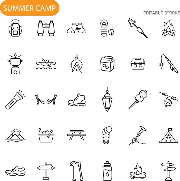 Actividades del campamento de verano Iconos de aventuras y diversión de equipo al aire libre